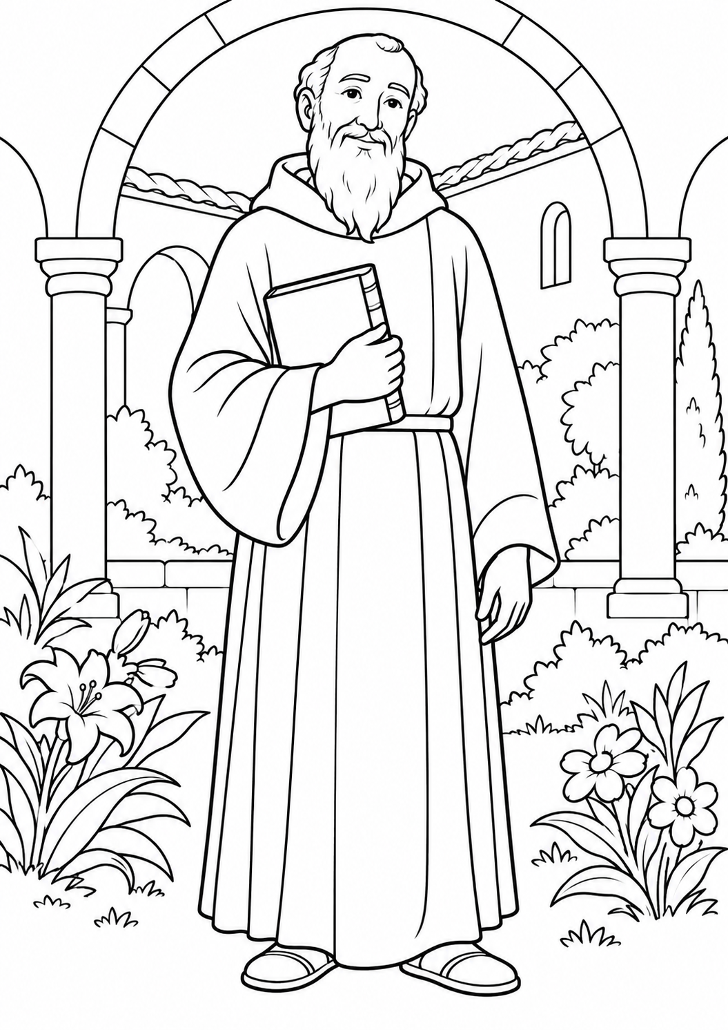 Original coloring illustration of St. Benedict of Nursia
